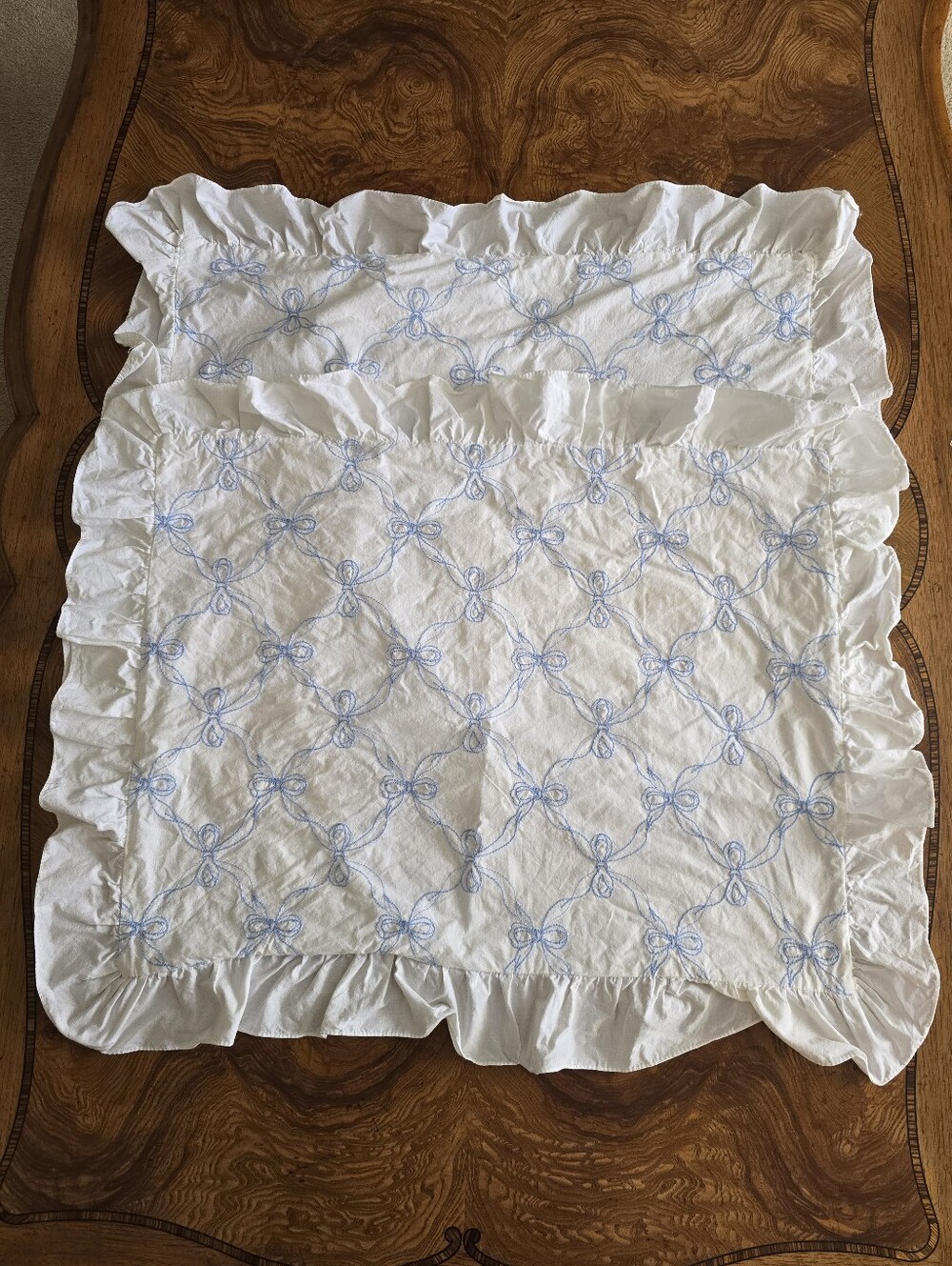Vintage Hand Embroidered Light Blue Bow Pillow Shams, Set of 2, Fits Standard